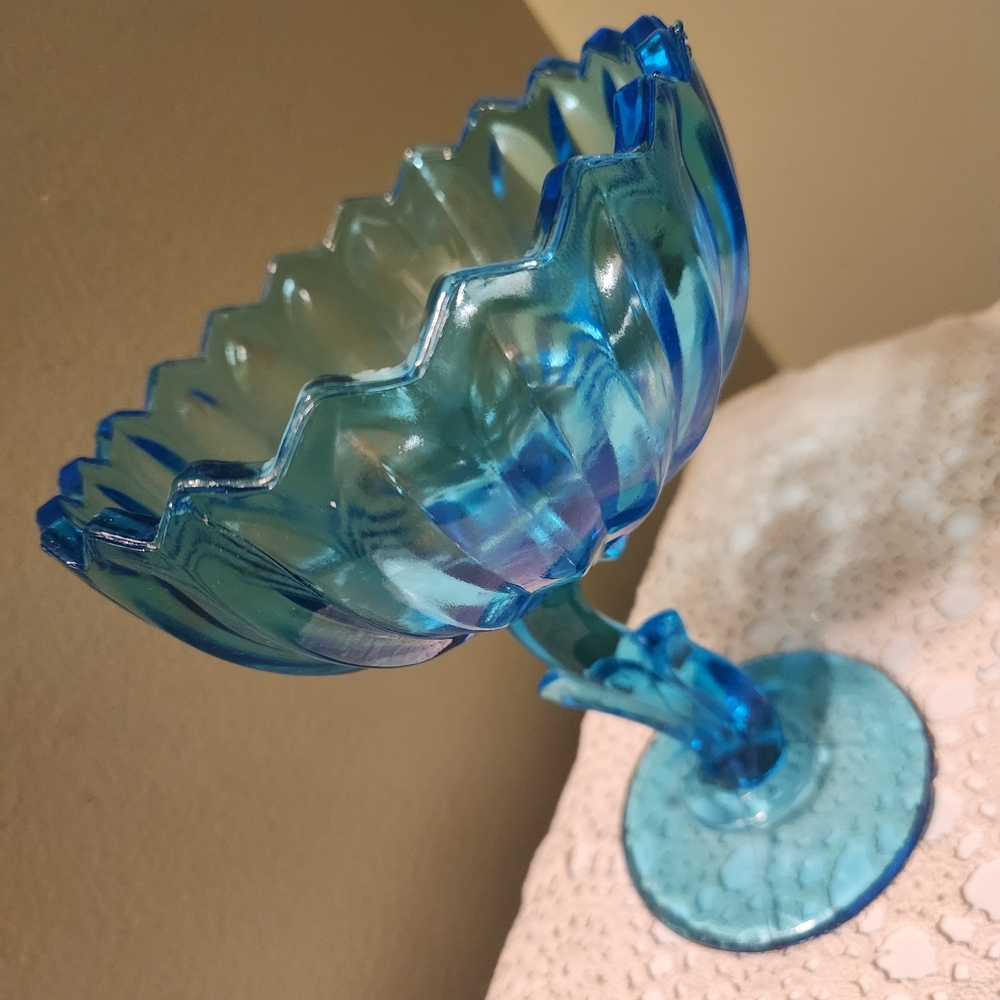 Indiana Glass Aqua Blue Footed Lotus Compote / Candy Dish - Picture 12 of 16